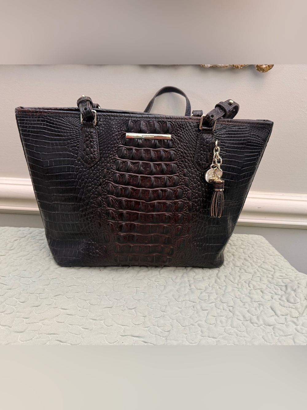 Brahmin Croc-Embossed Espresso Tote with Tassel Charm